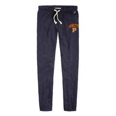 League Women's Victory Springs Sweatpants, navy colored sweatpants with Princeton and orange P at left hip and League logo also at left hip with ivory drawstring waistband