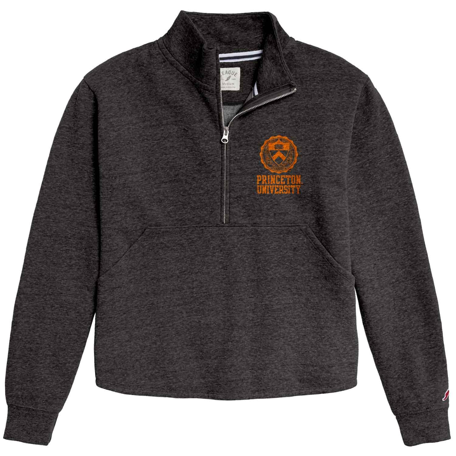 League Women's Vintage Medallion 1/4 Zip, heathered black sweatshirt with Princeton University and Seal at left chest in orange