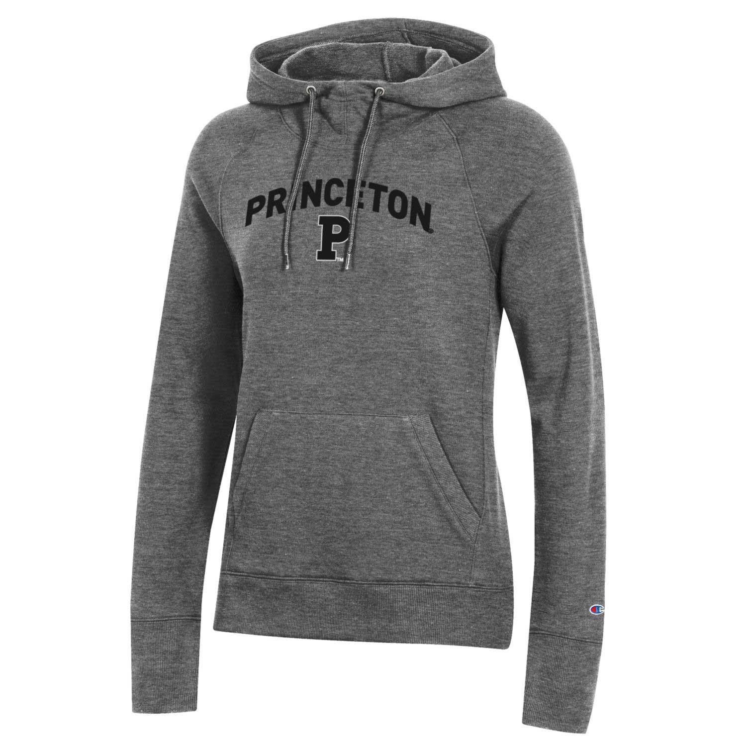 Champion Women's Versa Twill P Hoody, charcoal grey women's hooded sweatshirt with princeton in black and P in black with white outline at center front, drawstring at hood