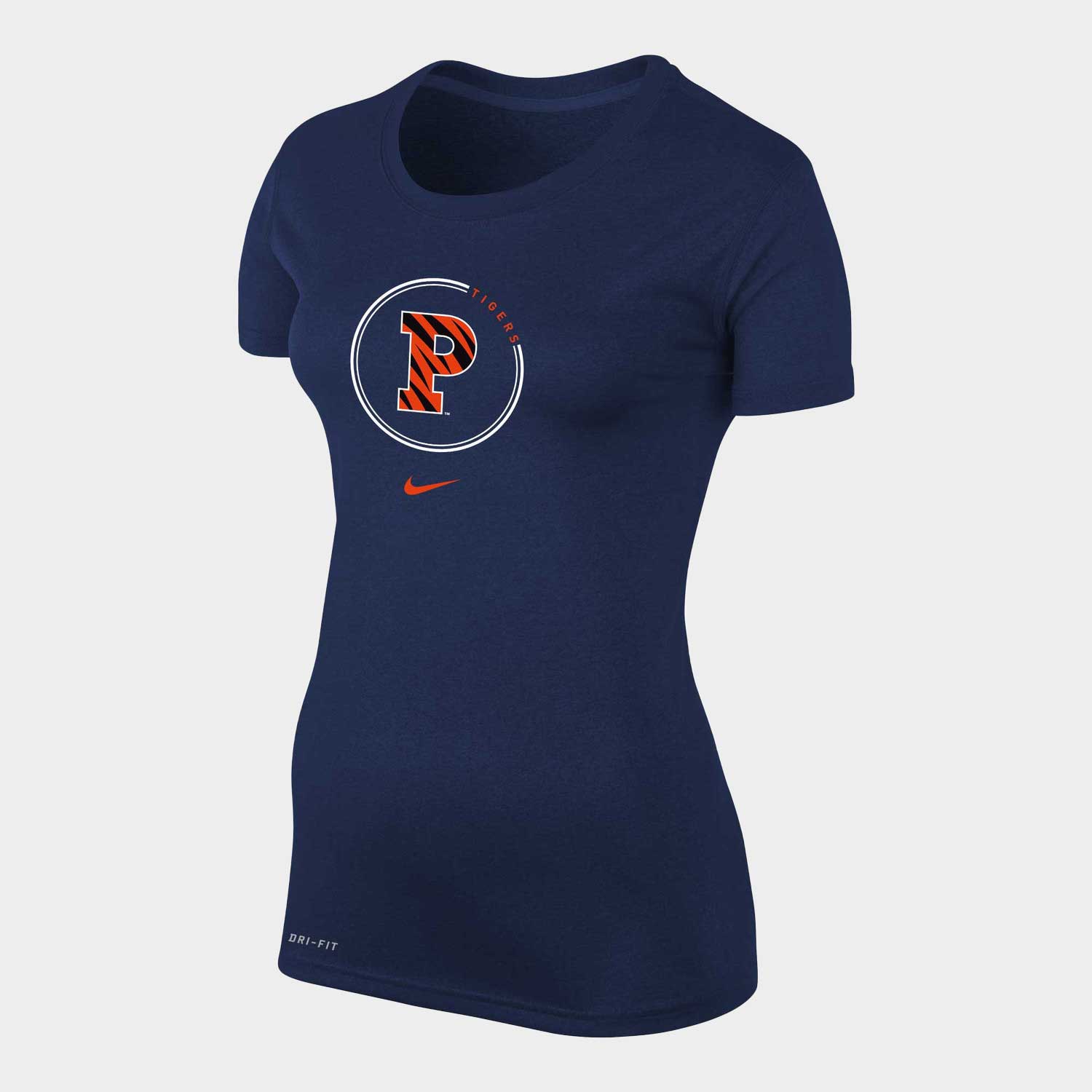 Nike Women's Circle Legend S/S Tee, navy tee with a striped P inside a white circle that includes tigers and Nike logo below at center front