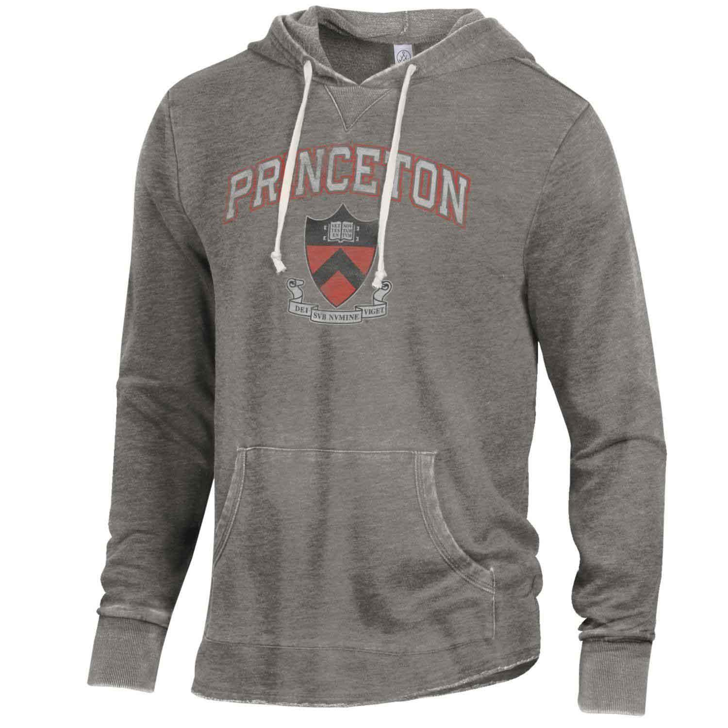 Alternative Apparel Schoolyard Hoodie, heathered grey hoody with Princeton in white with an orange outline and shield below