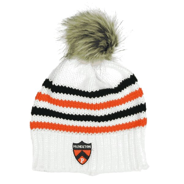 Big Sky Stripe Beanie, black and orange stripes on a white beanie with faux fur pom