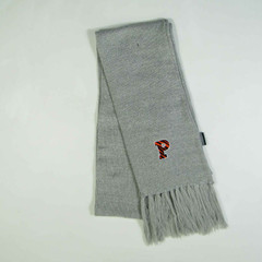 Fringed Scarf with Striped P, grey scarf with grey tassels and a striped orange and black P at one end