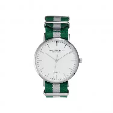 Princeton Timepiece Silver Nato Strap, 40mm white read dial with Hamilton Jewelers and Princeton and a Green and Silver Nato Strap