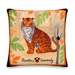 Princeton University Sketch Pillow, large tiger in front of Nassau Hall and Princeton University with Shield