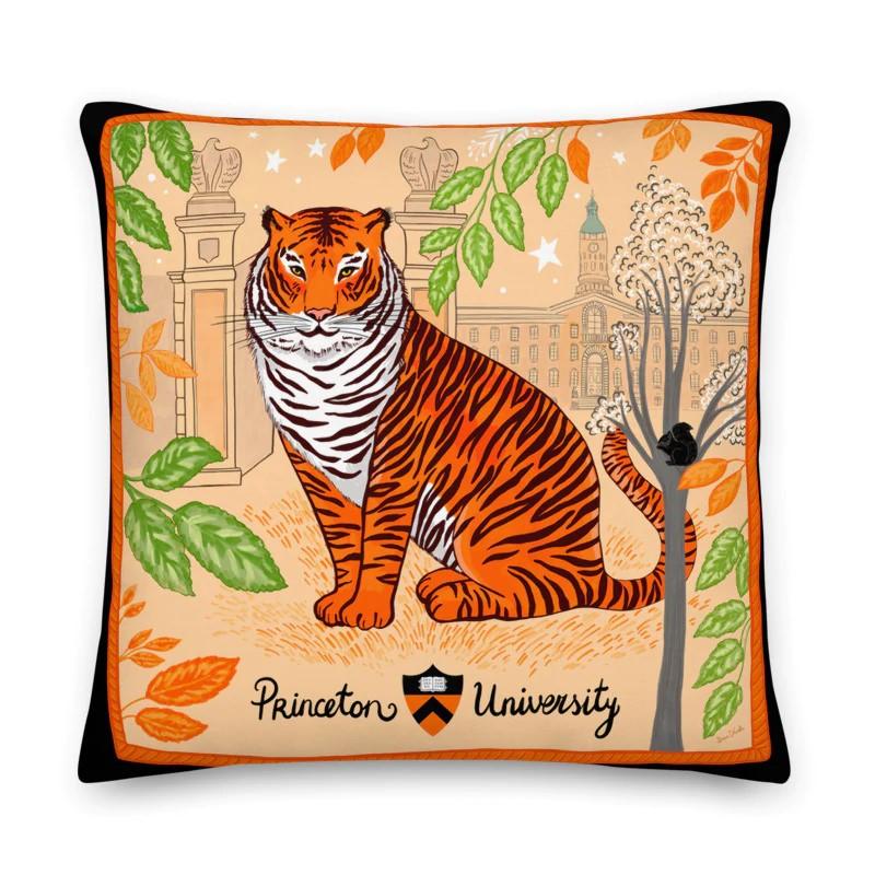 Princeton University Sketch Pillow, large tiger in front of Nassau Hall and Princeton University with Shield