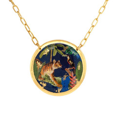 Jungle Tiger Necklace by ÉVOCATEUR, 2" disc with Tiger in jungle scene and 17" gold chain
