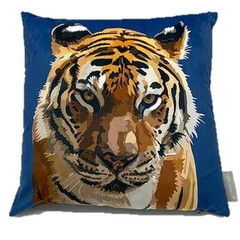 Tiger Velvet Pillow, Orange and Black Tiger Face on navy blue background, 18" square