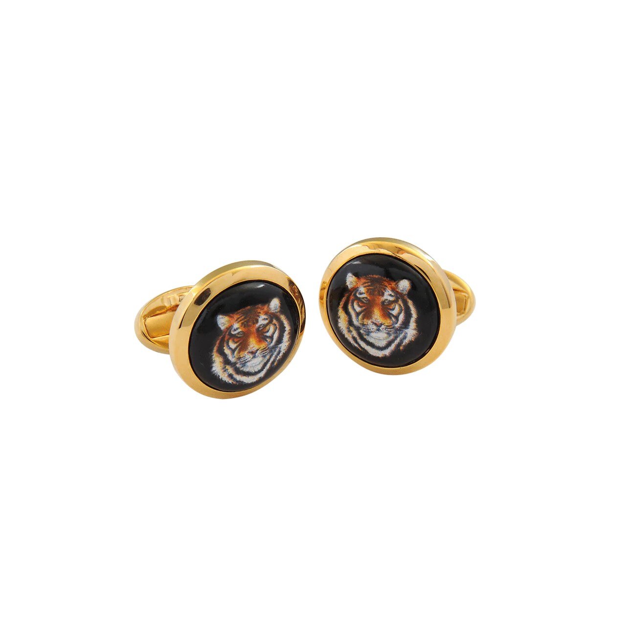 Tiger Head Cufflinks, tiger head on black background with gold rim