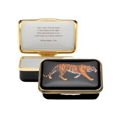 Tiger Keepsake Box, hand painted tiger strolls across the black enamel background, the first lines of a William Blake Poem are written inside the lid