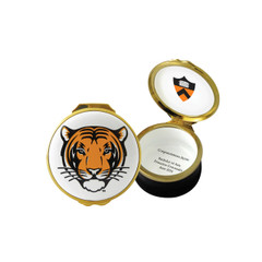Small Tiger Enamel Box, handpainted English enamel box with a white lid featuring mascot tiger face and a black base with a gold trim
