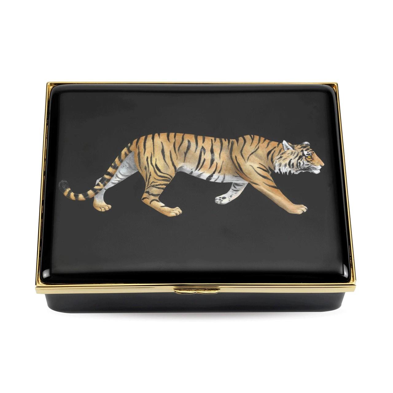 Prestige Tiger Keepsake Box, hand painted tiger strolls across black enamel background with gold trim and clasp