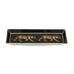 Twin Tiger Rectangle Tray, 2 hand painted tigers stroll across the black fine bone china background