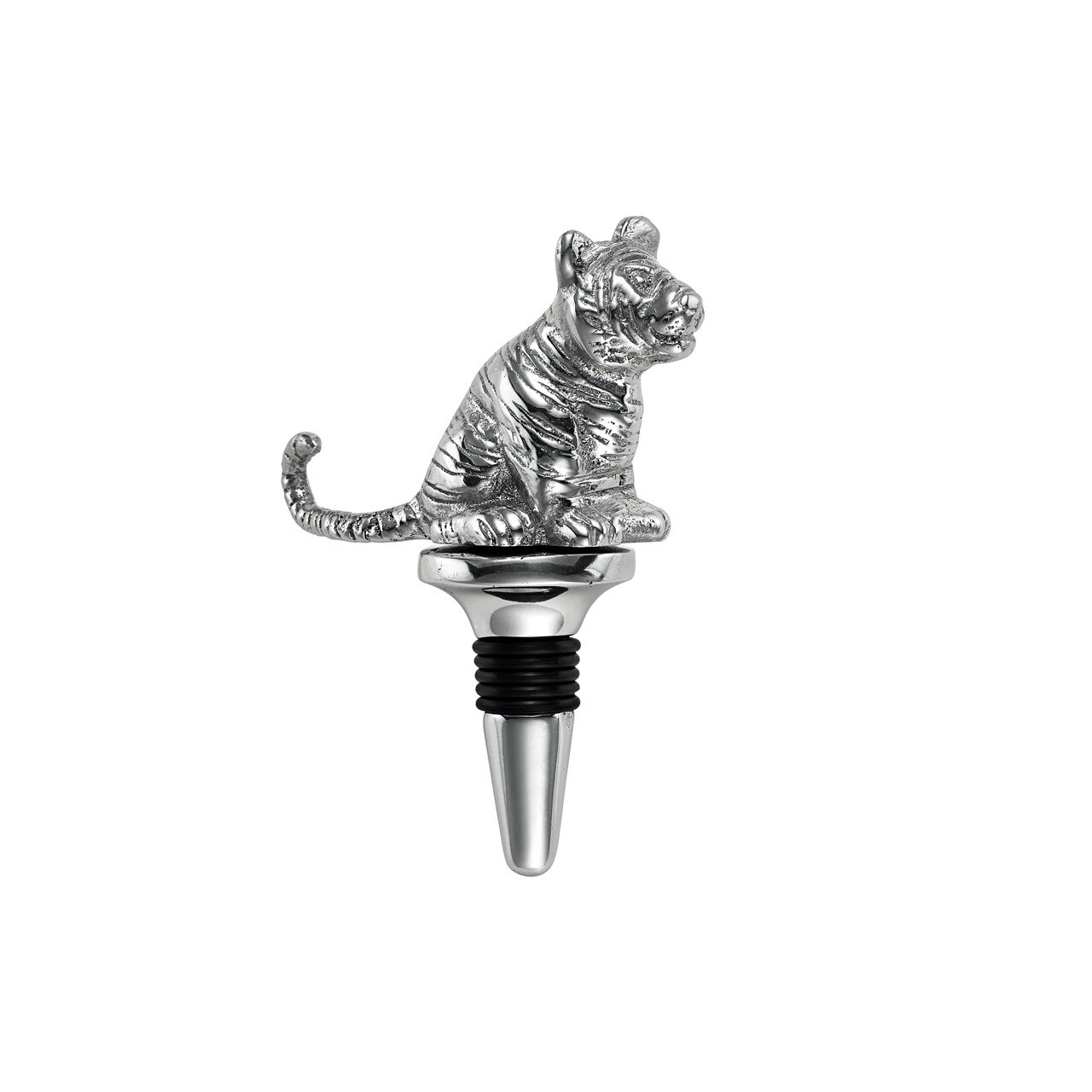 Tiger Bottle Stopper, 5" silver tiger sits on top of bottle stopper