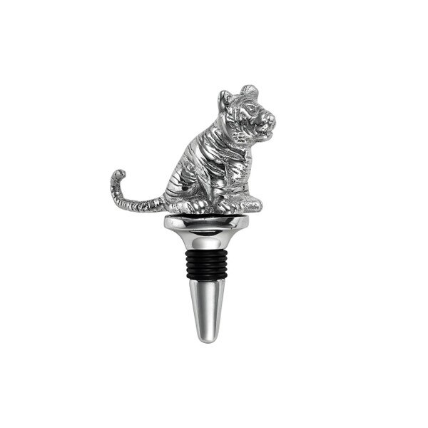 Tiger Bottle Stopper, 5" silver tiger sits on top of bottle stopper