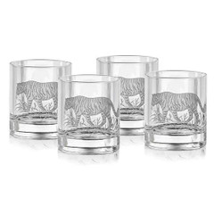 Tiger Double Old Fashioned Set of 4, hand engraved tiger across front of 11oz Italian crystal glass