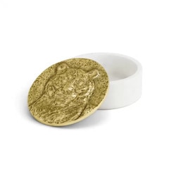 Chinese Zodiac Tiger Box, white marble round box with gold lid featuring tiger face