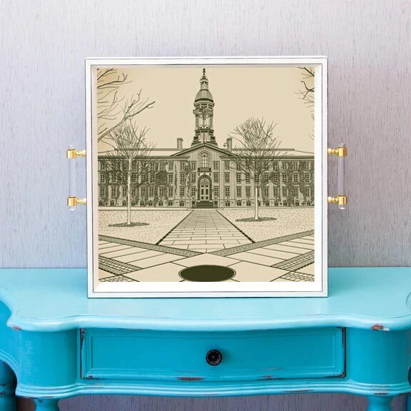 Princeton University Nassau Hall Tray, black and white image of Nassau Hall with ivory frame and acrylic and gold accent handles