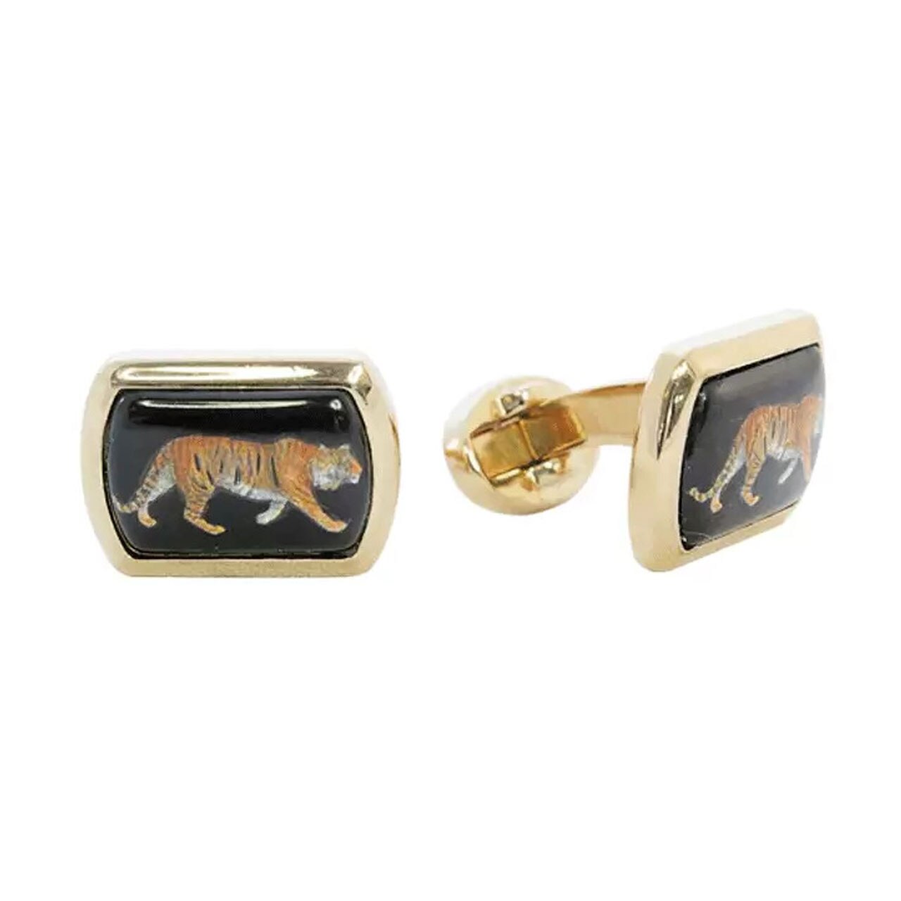 Tiger Enamel Cufflinks, strolling tiger on black enamel background with gold trim