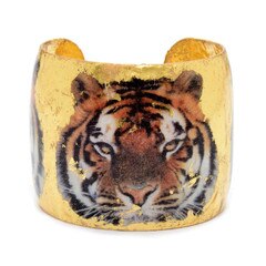 Bengal Tiger Cuff, wide gold cuff with tiger face and distressed look