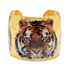 Bengal Tiger Cuff, wide gold cuff with tiger face and distressed look