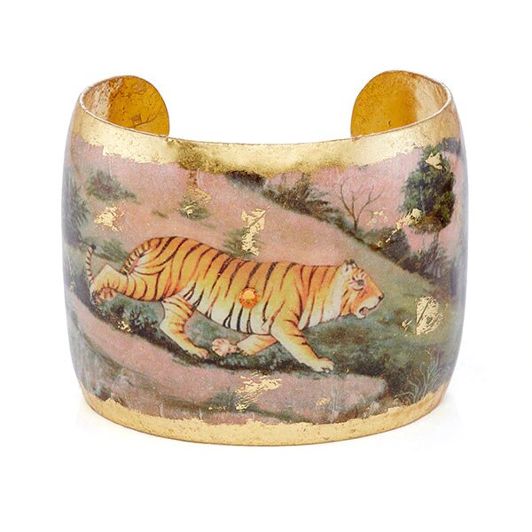 Jaipur Tiger Cuff, wide gold cuff with tiger in jungle scene with a distressed look
