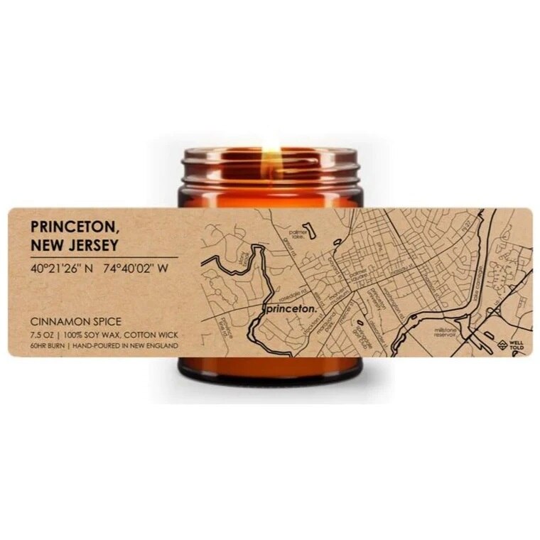 Princeton Town Map Candle, Cinnamon Spice 7.5 oz. soywax candle with map of Princeton New Jersey print on label