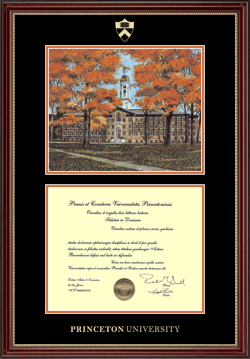 Nassau Hall Scene in Kensington Gold - Diploma Frame, fall scene Nassau Hall lithograph above diploma in kensington gold frame