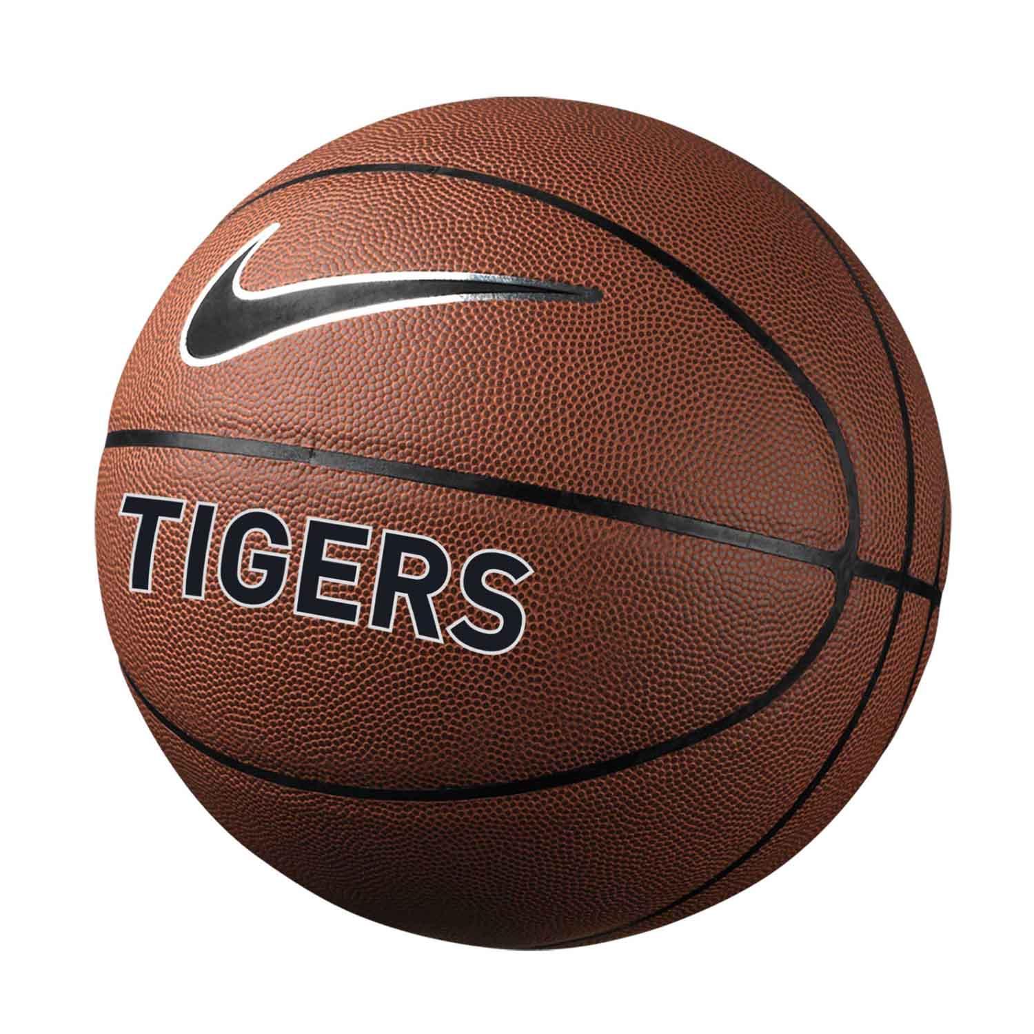 Nike Replica Basketball, brown full size basketball with Nike logo and Tigers on this side