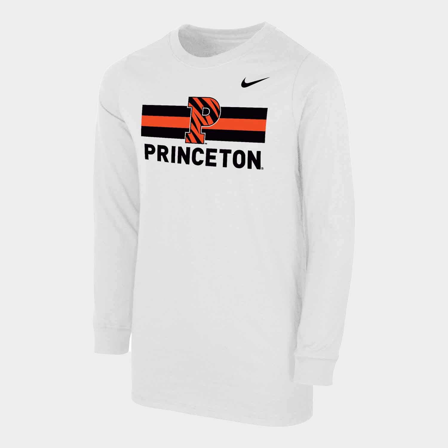 Nike Youth Cotton L/S Tee, white with a Striped P and Princeton across center front with a orange and black bar behind striped P and trademark Nike Swoosh at left chest