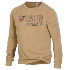 Alternative Apparel Champ Crew Sweatshirt, in camel color with Princeton University stacked next to the University Shield in a distressed font